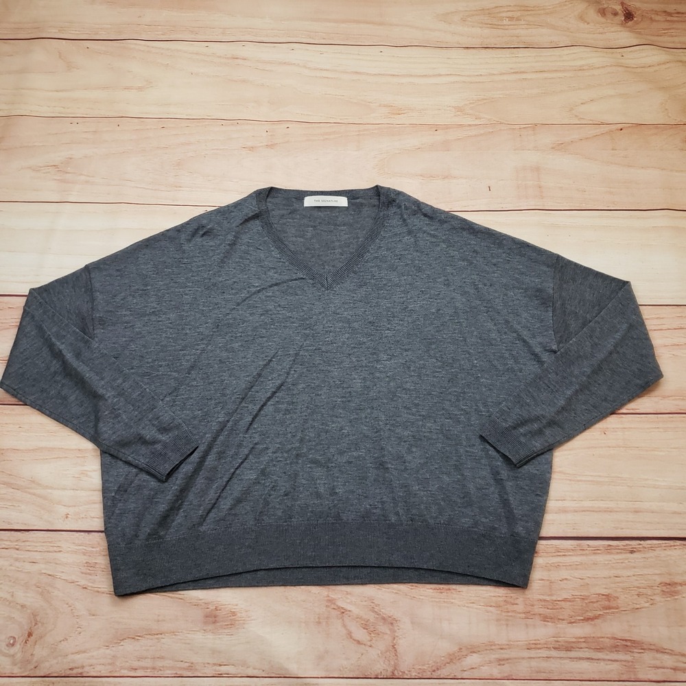 The Signature Sweater Women Large V-Neck Knit Charcoal Gray Wool Blend Oversized